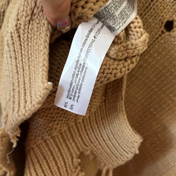 ZARA | Distressed Destroyed Knit Taupe Crew Neck Brown Tan Cotton Sweater - Picture 8 of 13
